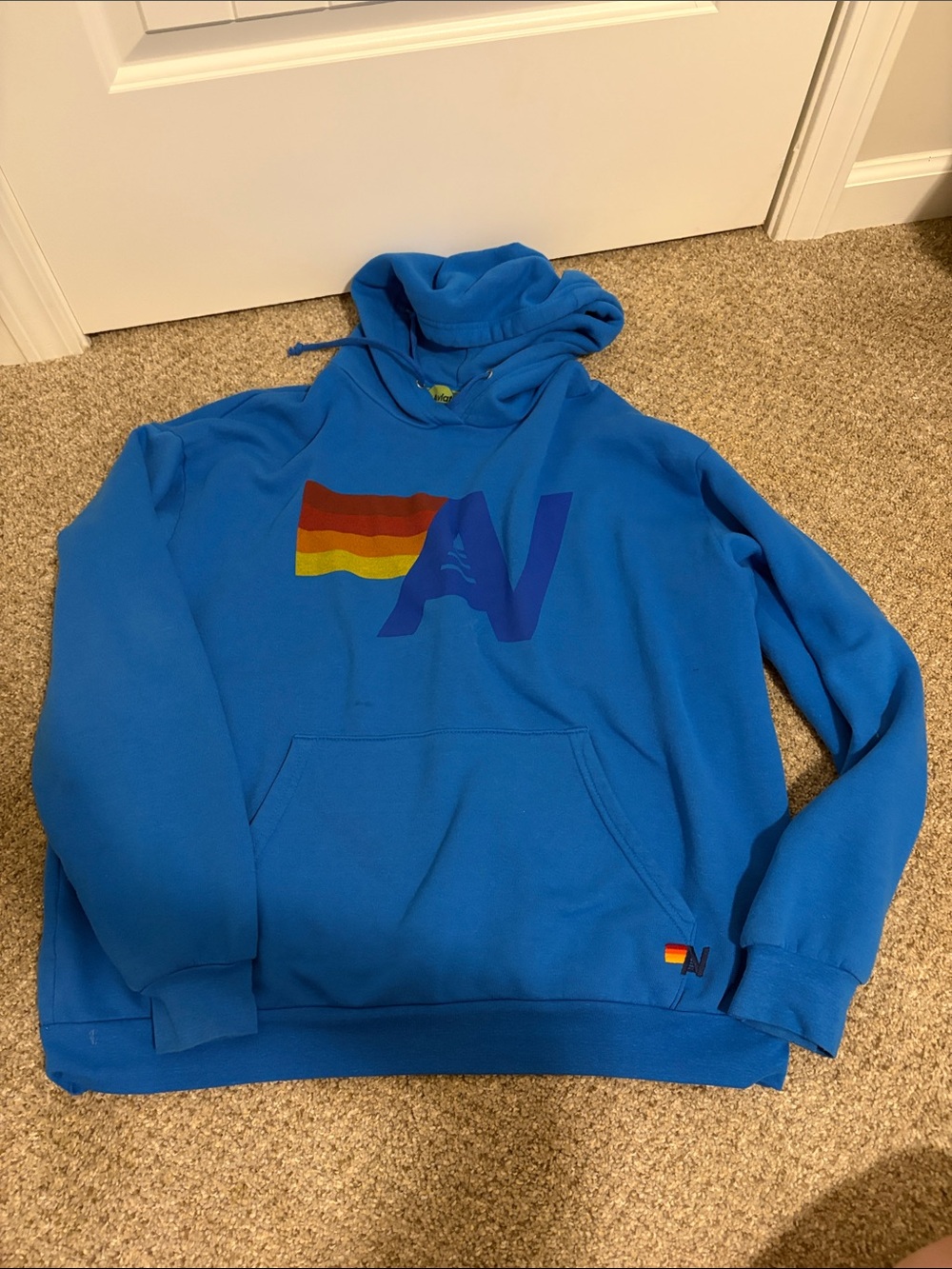 Aviator Nation Blue Hooded Sweatshirt with Rainbow Stripe AV Logo